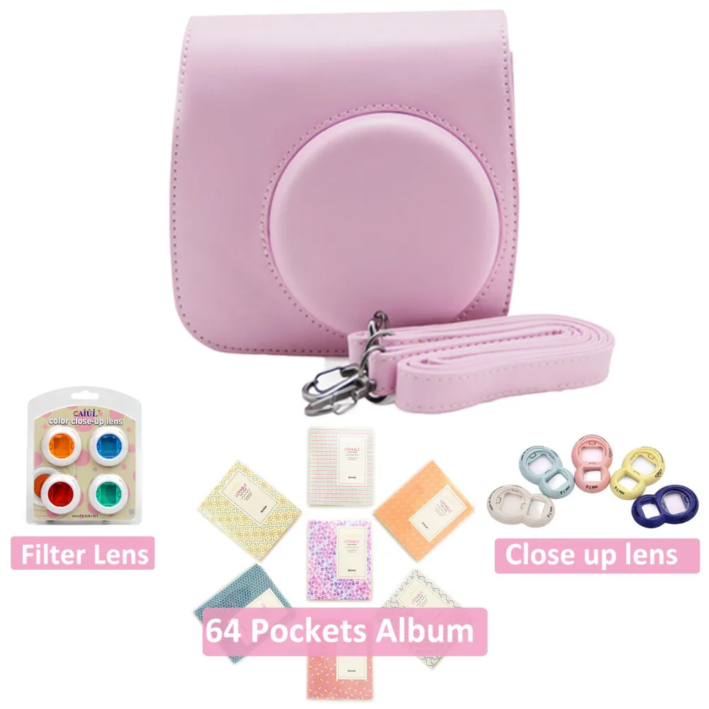 Сумка-чехол из искусственной кожи с плечевым ремнем для Fujifilm Instax Mini 8 Mini 9 камера моментальной печати+ фильтр+ альбом+ объектив для селфи - Цвет: Pink Bag Set