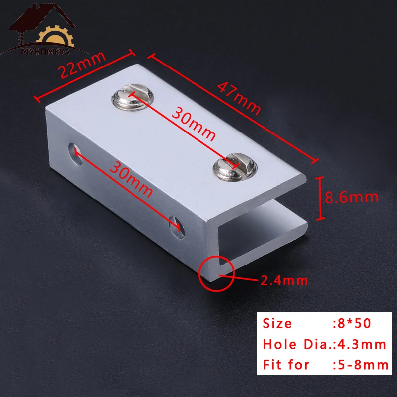 2PCS Myhomera Glass Clamps for 5/8/10mm Shelves Holder Corner Bracket Clamp Aluminum Thick Glass Clips 6 Sizes 8x40mm 10x60mm