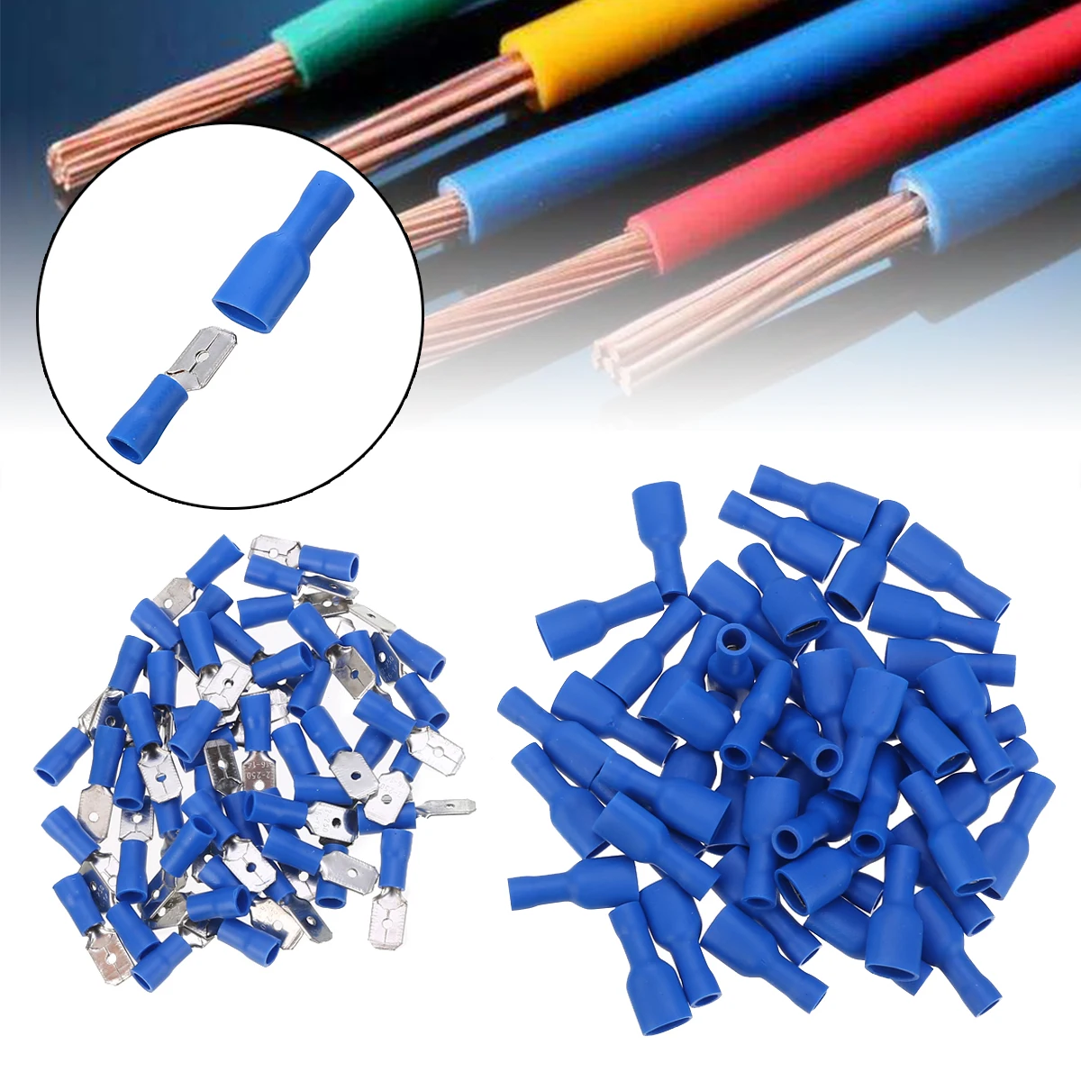 

100pcs Insulated Female & Male Spade Crimp Terminal Connector for Audio Wire Blue 1.5mm - 2.5mm 16-14 AWG Cable