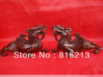 

wang 000221 Pair Chinese Bronze Unicorn Dragon Pixiu Statue 7"L each Coffee Color