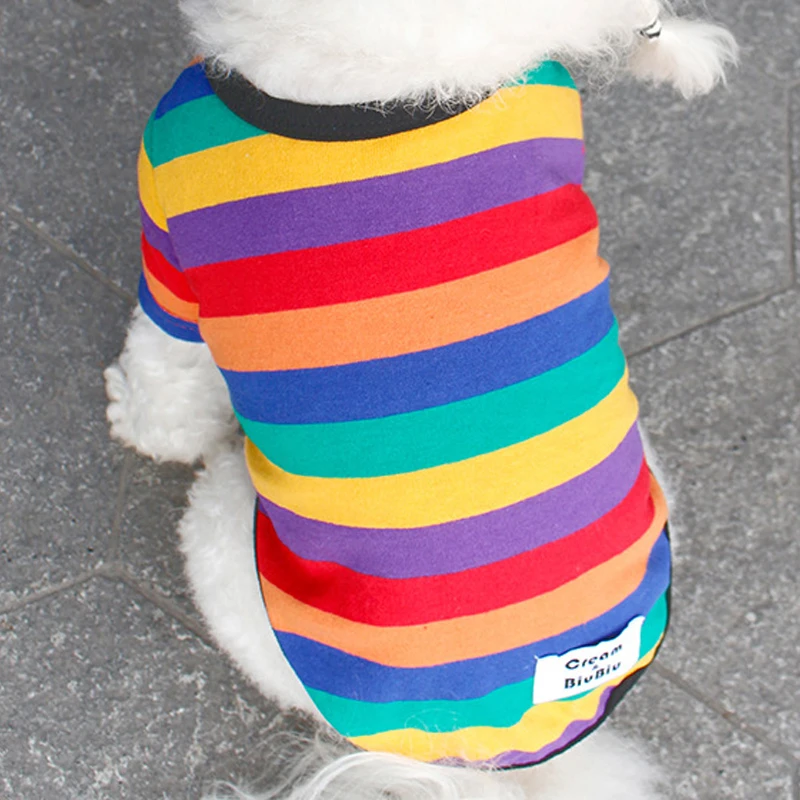 Хлопковая одежда для собак, одежда для маленьких собак, чихуахуа, радужная полосатая летняя крутая футболка, йоркширский XS-2XL