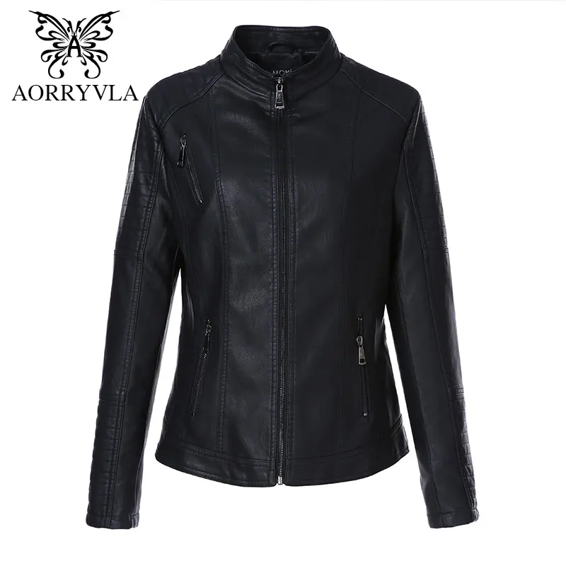 AORRYVLA 2018 Plus Size Women's Washed PU Leather Jacket Short Full Sleeve Mandarin Collar Zipper Regular Lady Basic Jacket