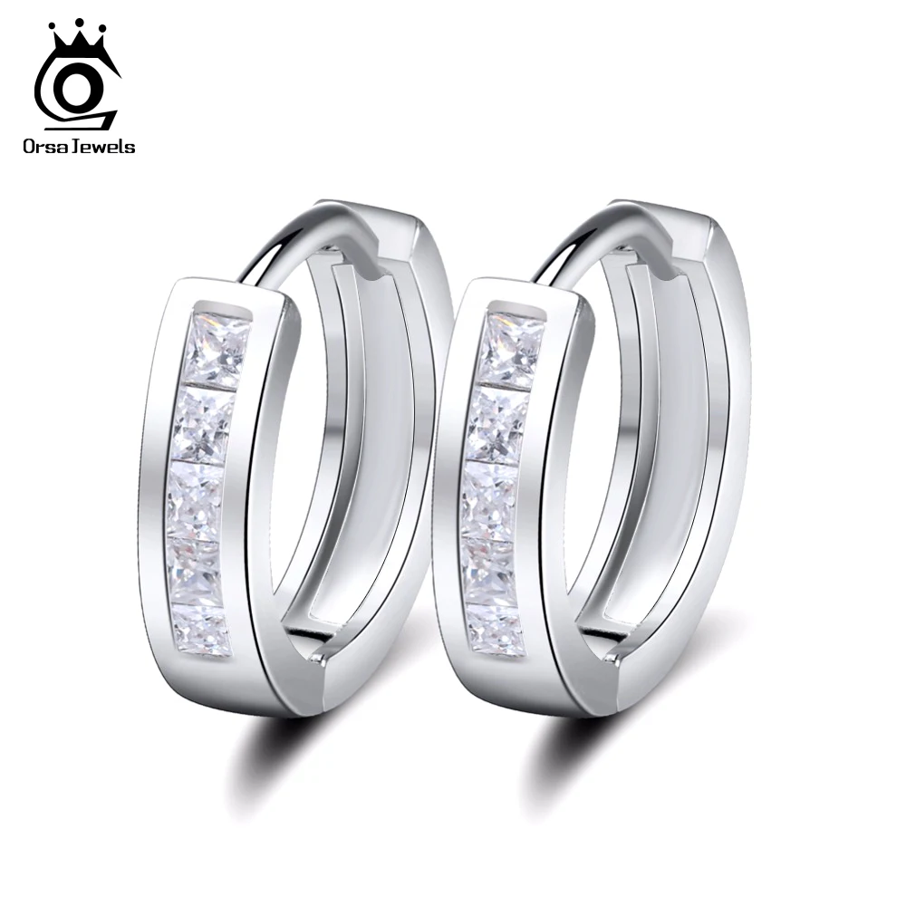 

ORSA JEWELS Small Hoop Earring with Square AAA Austrian Cubic Zirconia Bezel Setting Silver Color Elegant Earring for Women OE02