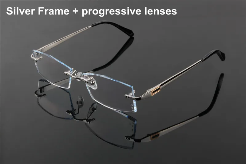 Титановые очки мужские без оправы по рецепту для чтения близорукость фотохромные модные очки Большие широкие очки 2029 цветные линзы - Цвет оправы: Silver Progressive