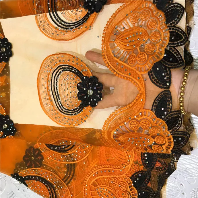 

Pearls Applique African Lace Fabric With Stone High Quality Beaded French Lace Fabric Guipure Nigerian Lace Fabrics Orange(4-19