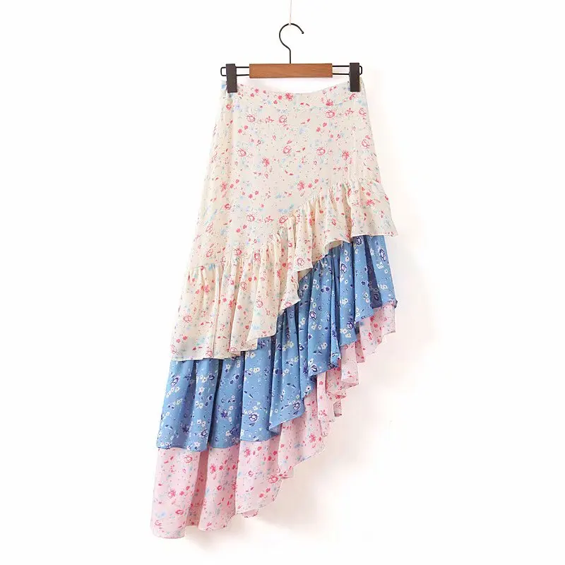 Patchwork Floral Print Holiday Boho Skirt Women Layered Ruffle Asymmetric Cake Skirt Elegant Lady High Waist Summer Skirt