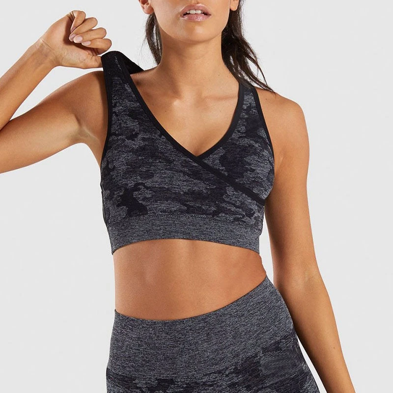 Beste SALSPOR Nieuwe Camo Naadloze Sport Bh Vrouwen Hoge Impact Push Up Gym Running Fitness Tops V hals Cross Workout Crop Top yoga Beha