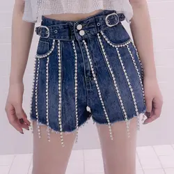 2019 Летняя мода Высокая талия с поясом Бисер Стразы бриллианты жемчуг кисточкой джинсовые короткие женские джинсы Шорты