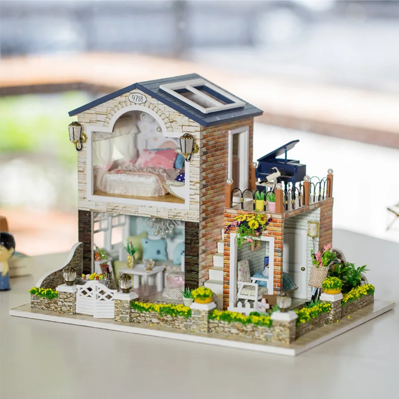

DIY Model Doll House Country Cottage Assemble Kits 3D Wooden Handmade Miniature Dollhouse with Furnitures LED House Toys