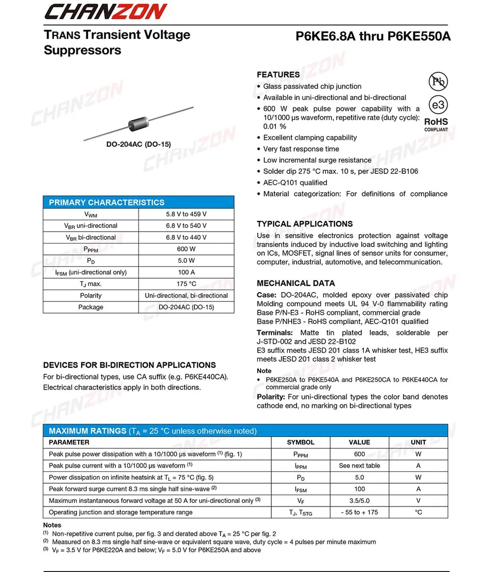 Transient Voltage Suppressors 600W 22V Unidirect 10 pieces TVS Diodes Transient Voltage Suppressors 600W 22V Unidirect 10 pieces TVS Diodes