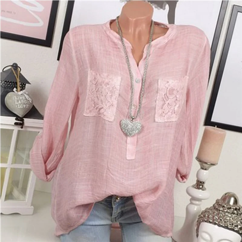 

Solid Lace Pocket Blouse Women Long Sleeve Casual Shirt Vintage Loose Tops V-neck Blouses Plus Size