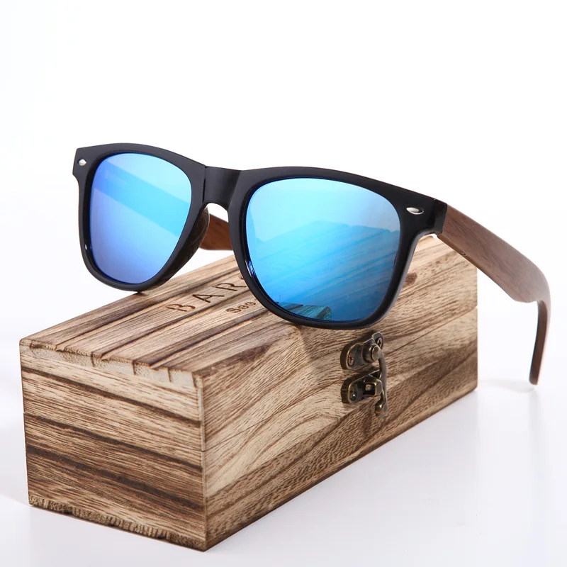 BARCUR, деревянные солнцезащитные очки, черный орех, солнцезащитные очки для мужчин и женщин, поляризованные очки - Цвет линз: Sky Blue