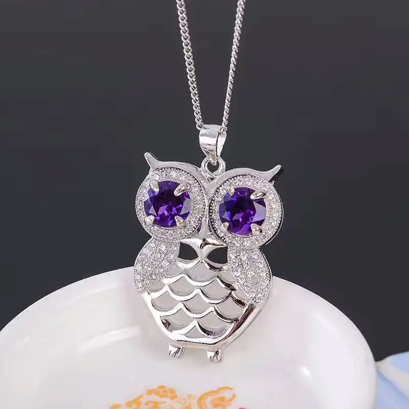 Cute owl necklace pendant inlay with 6mm natural amethyst pendant solid 925 silver owl fashion silver for girl