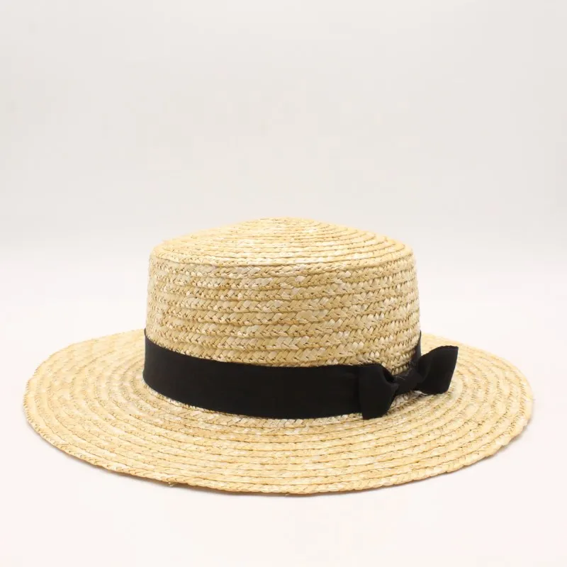

Women Natural Wheat Straw Hat Ribbon Tie Brim Boater Hat Derby Beach Sun Hat Cap Lady Summer Wide Brim UV Protect Hats