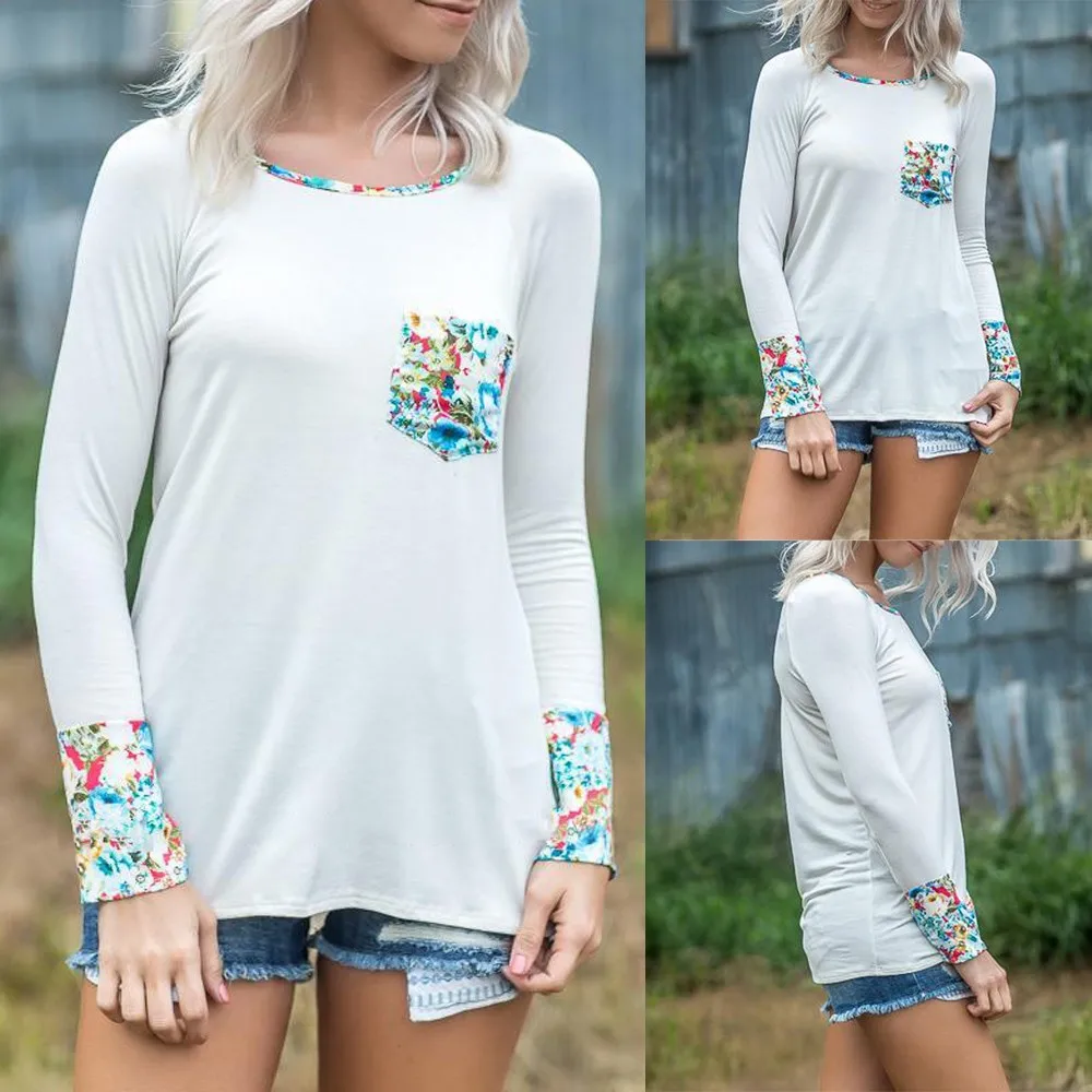 

Plus Size All Season Women's Casual Daily Floral Pocket Long Sleeve Top Stylish Top T-shirt 2018 Drop Shipping