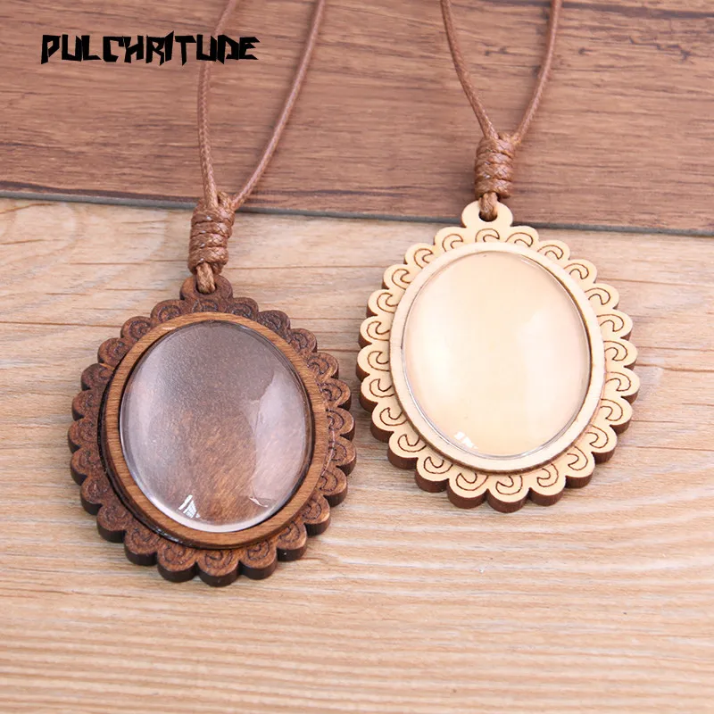  2pcs 30*40mm Inner Size Wood Cabochon Settings Blank Cameo Pendant Base Trays With Leather Cord For Jewelry Making | Украшения и