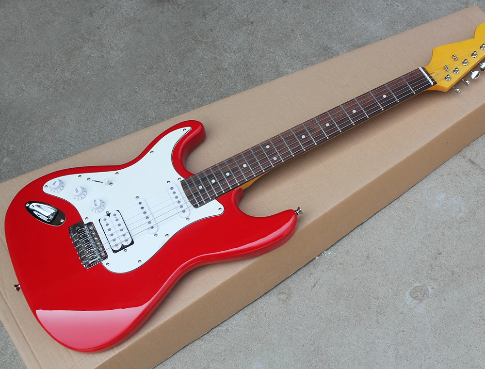 

Factory Red Left handed Electric Guitar with White Pickguard,Rosewood Fretboard,SSH Pickups,Chrome Hardware,Can be customized