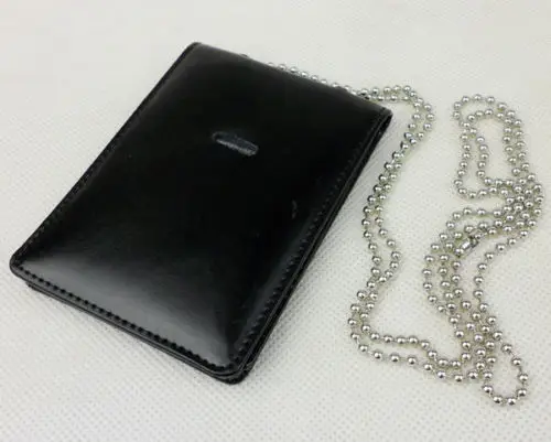 Black Leather Badge ID Card Wallet Holder Case With Neck Chain