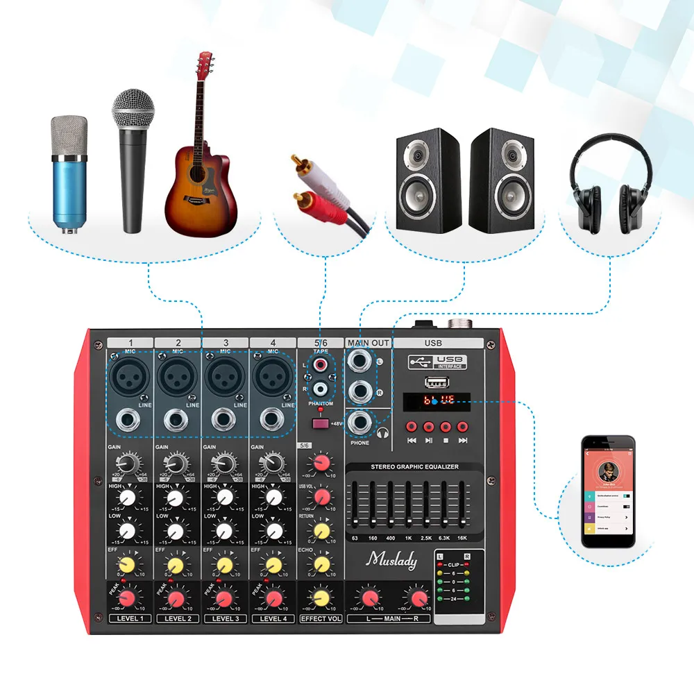 Muslady D6 портативный 6-канальный микшерный консольный микшер 7-полосный эквалайзер