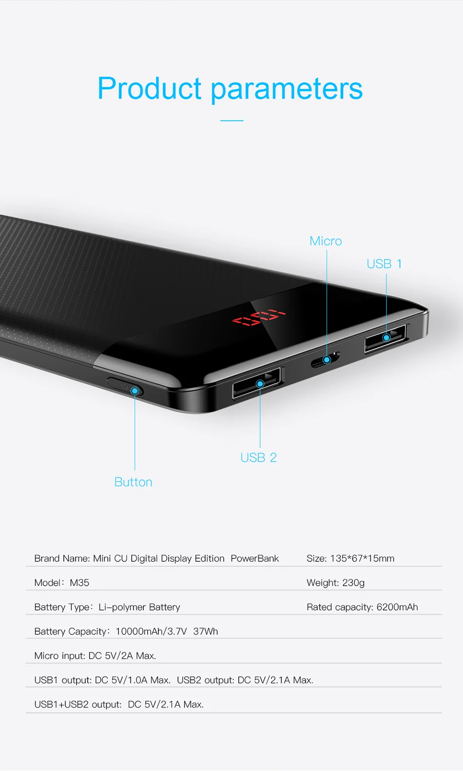 Baseus 10000 мА/ч мини внешний аккумулятор для iPhone, samsung, Xiaomi, двойное USB зарядное устройство, светодиодный дисплей, портативный внешний аккумулятор