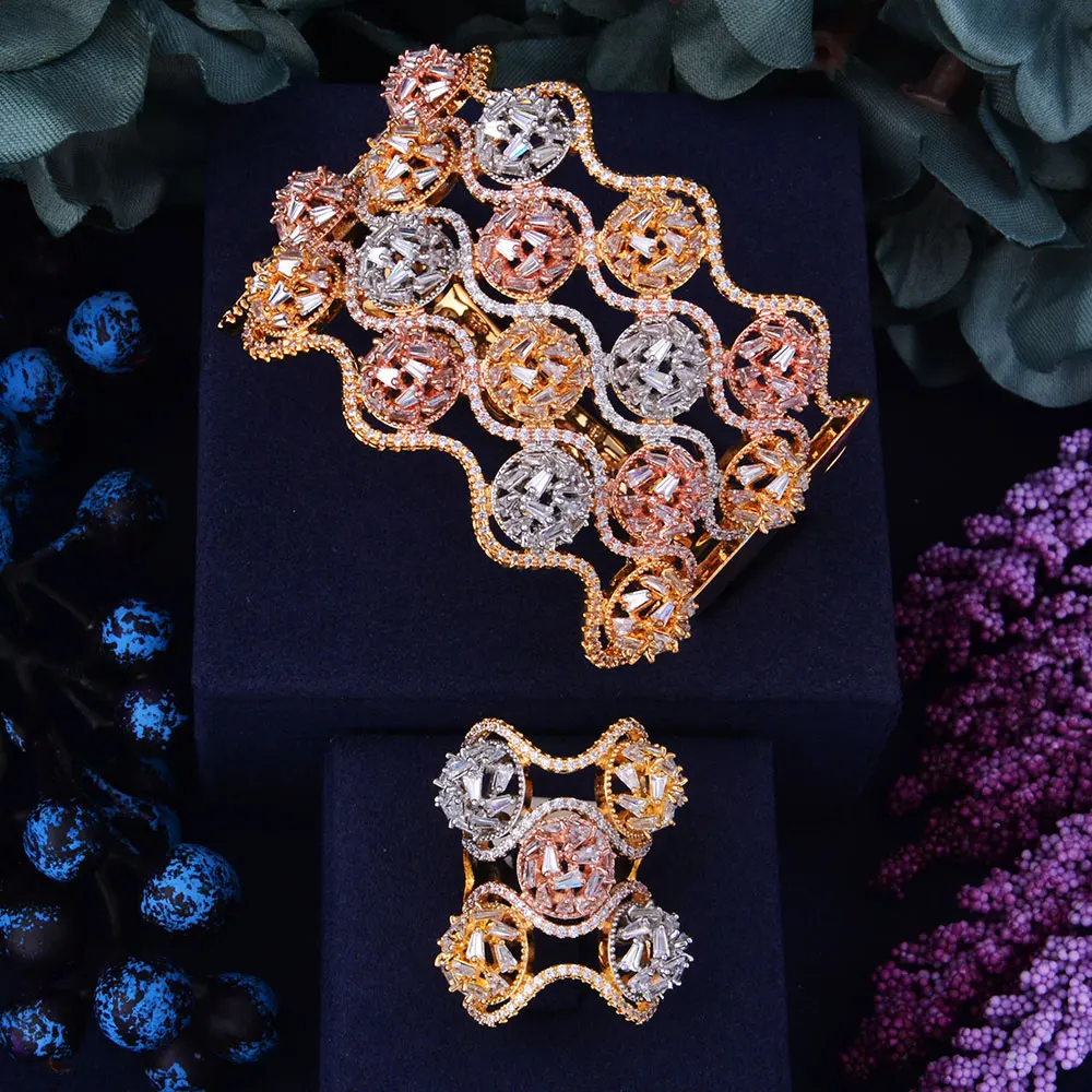 

GODKI SUPER Luxury 3 Tone Color Sparkling Full AAA Cubic Zirconia Geometry Design Women Bracelet Bangle And Ring Set