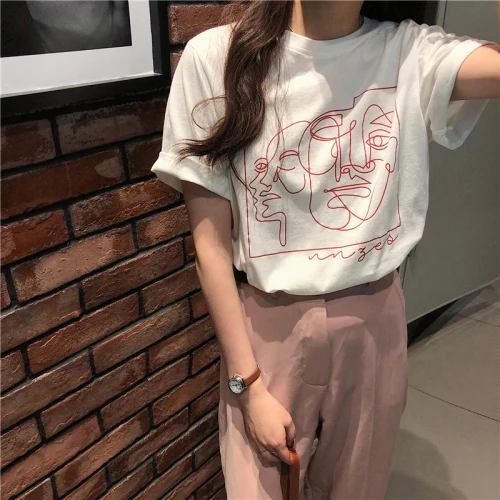  2 colors summer women tops 2019 korean stle cartoon print short sleeve t-shirts womens tee shirt fe