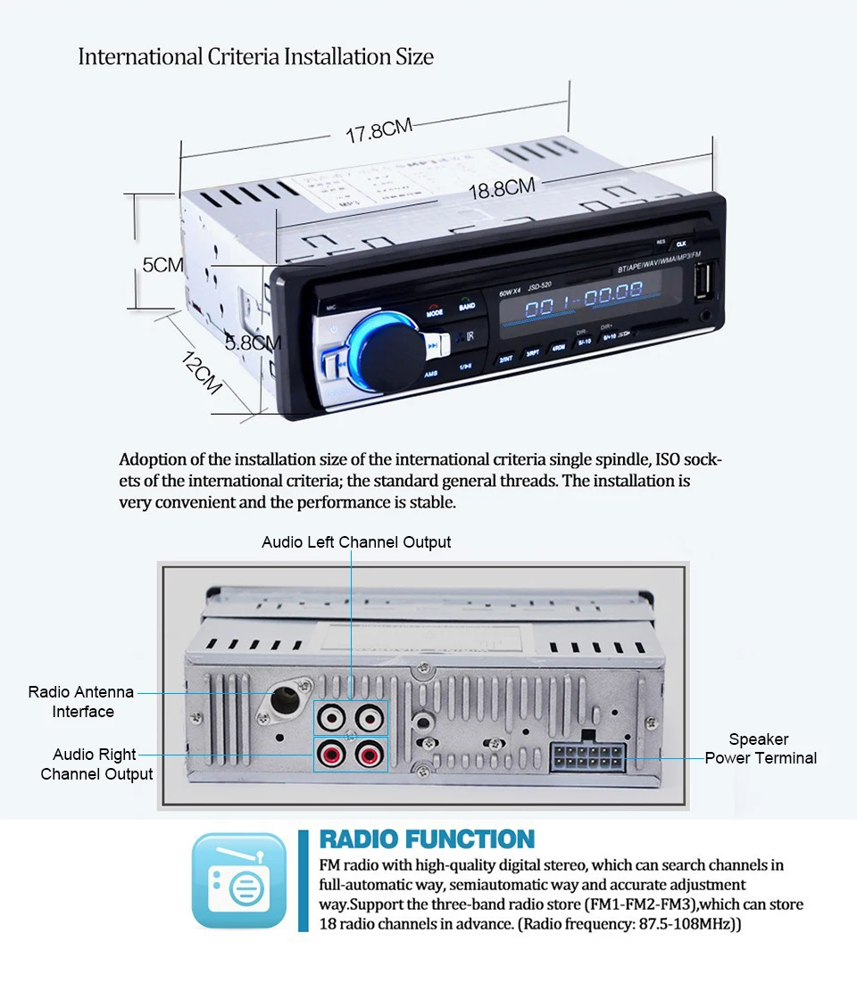 AOSHIKE 1 DIN MP3-плеер Bluetooth 12 В fm-радио Mp3 музыкальный плеер Поддержка Bluetooth USB/SD MMC порт Автомобильная электроника в тире