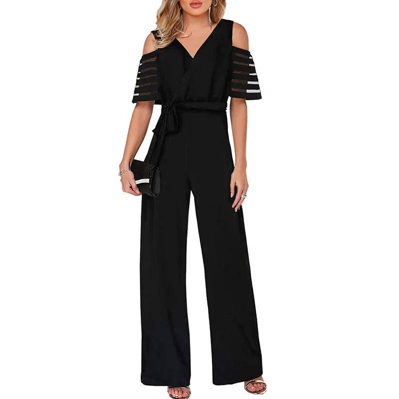 

2019 New Fashion Long Wide Leg Romper Overlay Embellished Black Strappy Cold Shoulder V-Neck Jumpsuit Loose Solid Jumpsuit