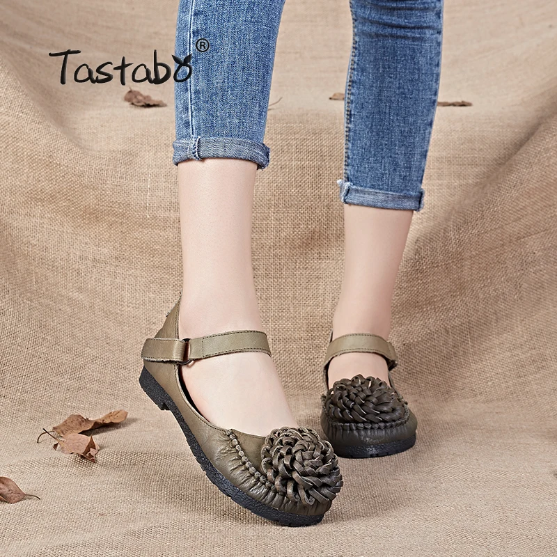 

Tastabo Retro Shoes Women 2017 New Arrival Genuine Leather Round Toe Flower Ladies Flats Handmade Solid Casual Shoes Loafers