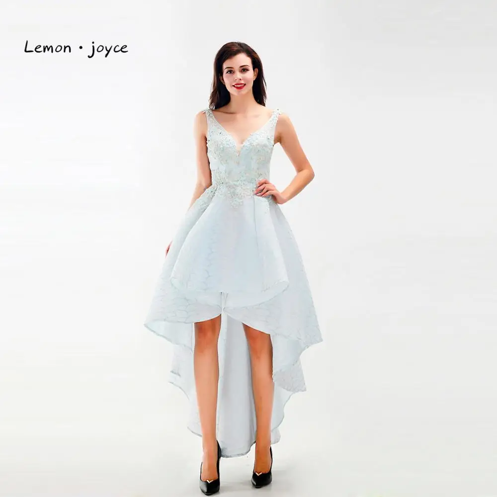 

Lemon joyce Light Blue Prom Dresses 2019 New Style Elegant Sleeveless Backless High Low Evening Dress Party Gown Plus Size