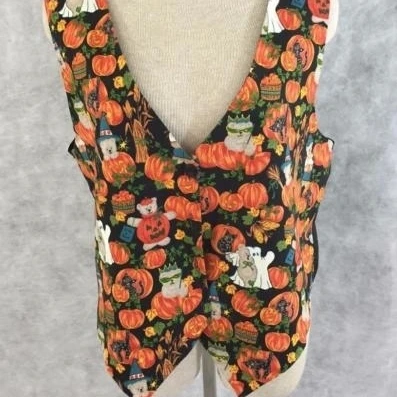 Basic Editions fall vest womens size L large Halloween pumpkin bear black cat (1)