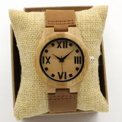 Мода кварца Японии Роскошные Для женщин Деревянные часы Большой Роман Количество Винтаж натуральная кожа Группа Bamboo Наручные часы Antibrittle