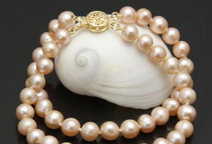 

Charming 2 rows 8-9mm pink south sea pearl bracelet 7.5"-8" 18K GP H+1