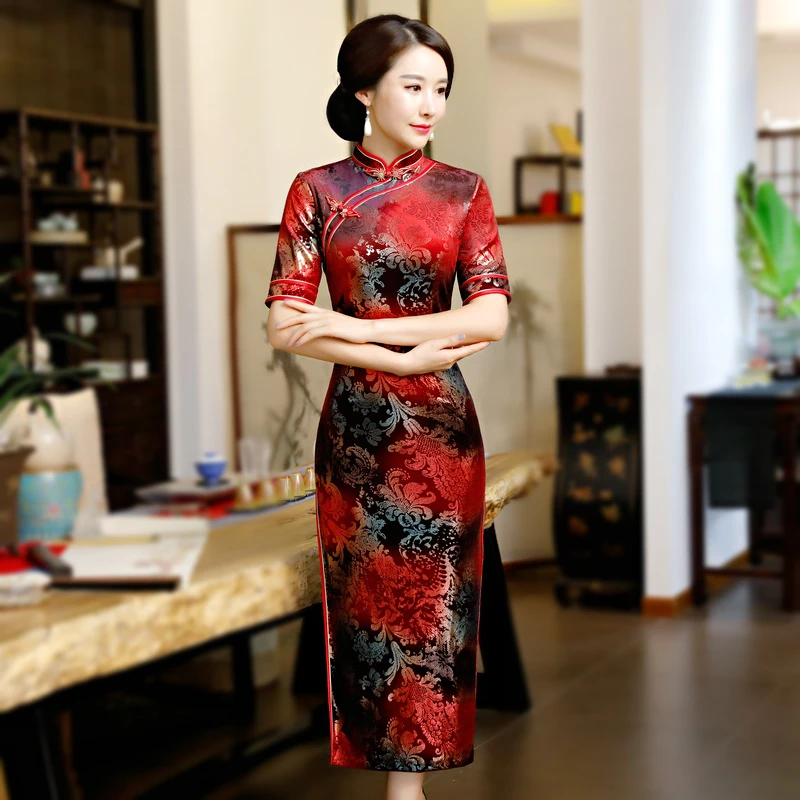 

Sheng Coco M-4XL Pleuche Traditional Chinese Cheongsam Dress Simple Elegant Printing Red Qipao Vietnam Long Velour Vintage Dress