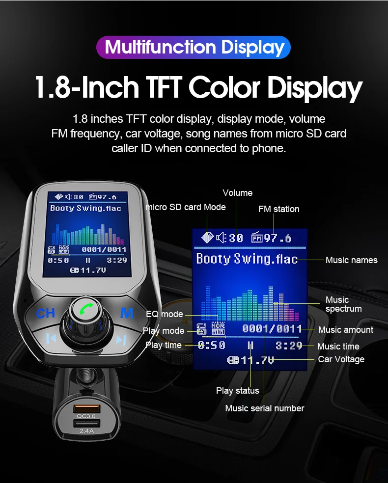 Bluetooth автомобильный комплект громкой связи T43 1," цветной экран USB 3,0 Быстрая зарядка fm-передатчик MP3 музыкальный плеер Bluetooth автомобильный комплект