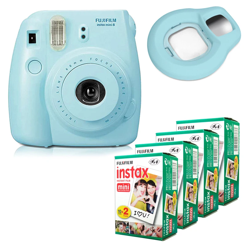 Fujifilm Instax Mini 8 мгновенная синяя камера+ линзы для селфи+ мини белый простой 4 коробки(80 пленка