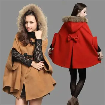 

2015 Winter Coat Women Faux Fur Shawl Wool Overcoat Hooded Poncho Batwing Half Sleeve Cape Cloak Embroidered Coat A565