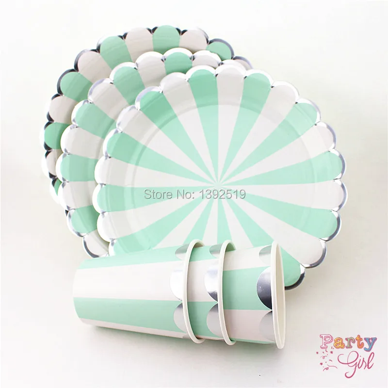

Eco Red Mint Striped Paper Plates Paper Cups With Silver Bontique Tableware Set For Birthday Party Baby Shower Deco