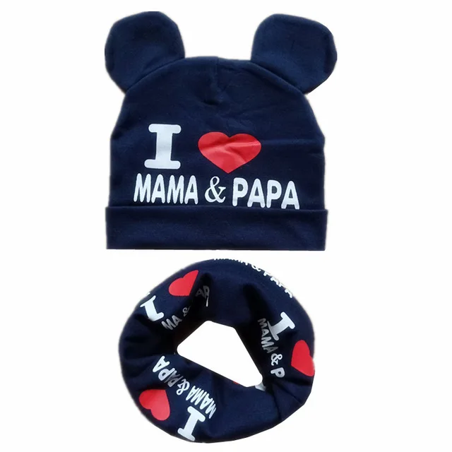 navy mama set Весенне-Осенняя детская хлопковая шапка, шарф, комплект с принтом «Love Mom», шапки для мальчиков и девочек, нагрудники, детский шейный шарф, шапка, детские вязаные шапки, реквизит для фотосессии - Цвет: navy mama set