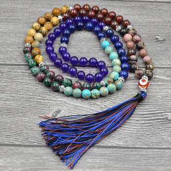 

Buddha 7 Chakra 8mm Natural Stone 108 Beaded Mala Necklaces with Long Tassel Pendant Women Men Yoga Meditation Prayer Necklaces