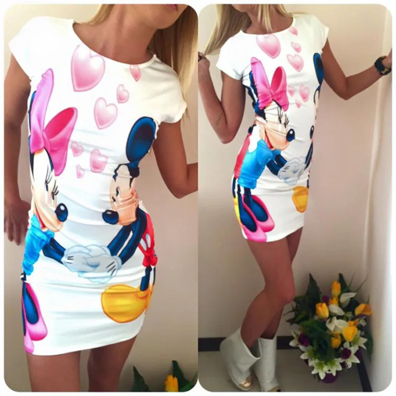 

Summer 2019 Fashion Sweet Style Mini Dress Women Short Sleeve Cartoon Print Casual Dress Slim Package Hip Sexy Dress Vestidos