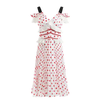 

Spring summer new 2019 women sexy v-neck polka dot print sweet ruffles middle long dress backless holiday dress
