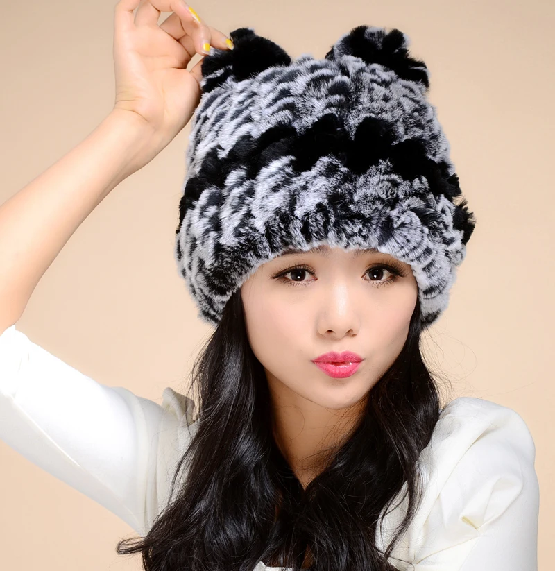 

2016 Luxury Lady Real Knitted Rex Rabbit Fur Beanies with Ears Winter Genuine Women Fur Caps Female Hats Headgear 0704