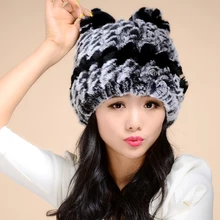 Роскошная Леди реального трикотажные кролика рекс Мех животных шапочки с ушками Зимние Оригинальные Для женщин Мех животных шапки женский Шапки головные уборы 0704