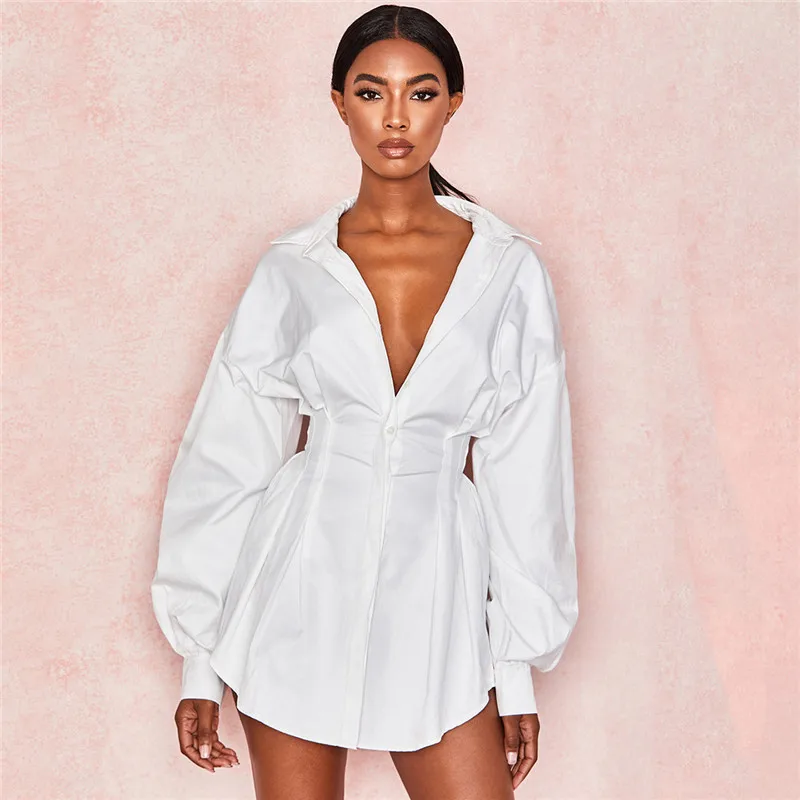 

Women Solid Color Deep V Pleated Waist Sexy Shirt Dress Female Lantern Sleeve Sheath Mini Dress Women Sexy OL Style V-neck Dress