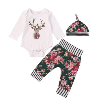 

Baby Clothing Set Autumn Newborn Print Baby Rompers+ Printed Hat + Pants Long Sleeve Cartoon Christmas Baby Clothes Set MQ