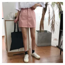 Модная женская джинсовая юбка с карманами, однотонная повседневная юбка с высокой талией, тонкая мини-юбка на пуговицах