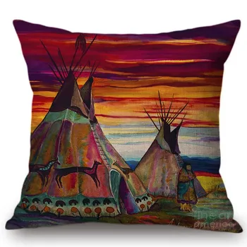 

Colorful Oil Painting Indian Tent Gallery Collection Throw Pillow Covers Outdoor Sunrise Sunset View Cotton Linen Cushion Cover