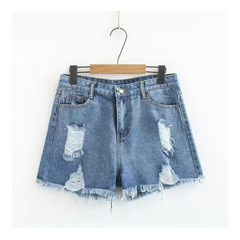 

2019 Summer Tassel Hole Plus Size Shorts Women Casual High Waist Jeans Denim Shorts Solid Clothing Loose Shorts