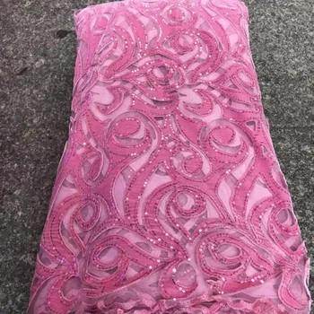 

5 yards sequins African PINK Velvet Lace french tulle lace fabric unique wise choice